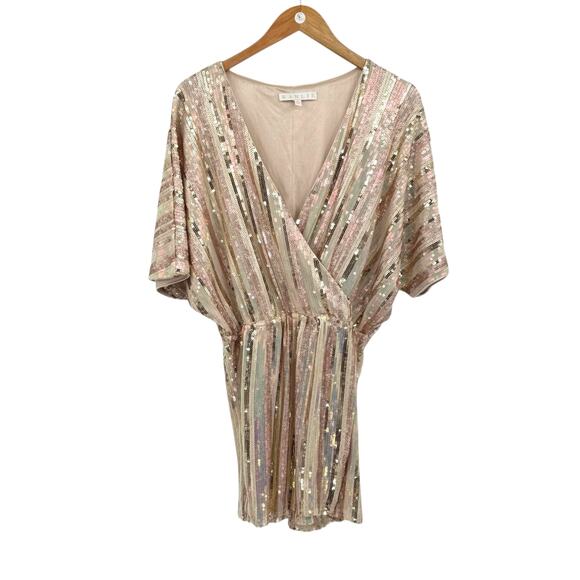 Karlie Sequin Gold Glitter Stripe Faux Wrap V-neck Mini Party Dress - Picture 11 of 16